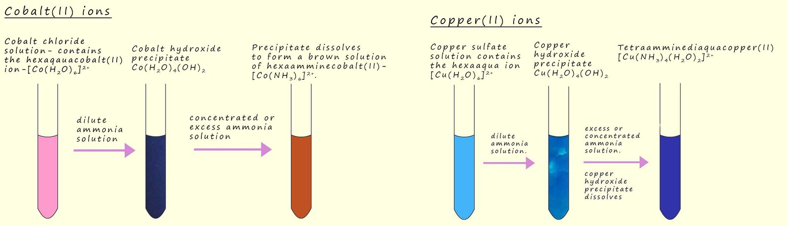 image to show the results of adding an excess of ammonia to solutions containing precipitates of copper hydroxide and cobalt hydroxide.